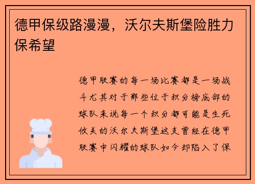 德甲保级路漫漫，沃尔夫斯堡险胜力保希望