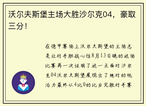 沃尔夫斯堡主场大胜沙尔克04，豪取三分！